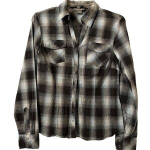 Western Plaid Shirt Sm Snap Buttons Long Sleeves Black Gray Light Blue